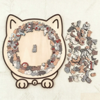 A wooden cat puzzle by Arenzza featuring 135 pieces, showcasing a minimalist cat design in a peaceful, artistic style.