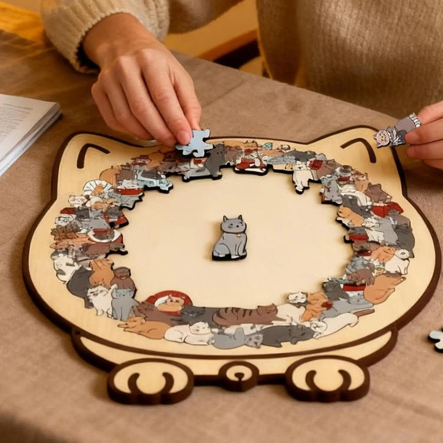 A wooden cat puzzle by Arenzza with 135 pieces, featuring intricate art and a calming, stylish design on a light background.