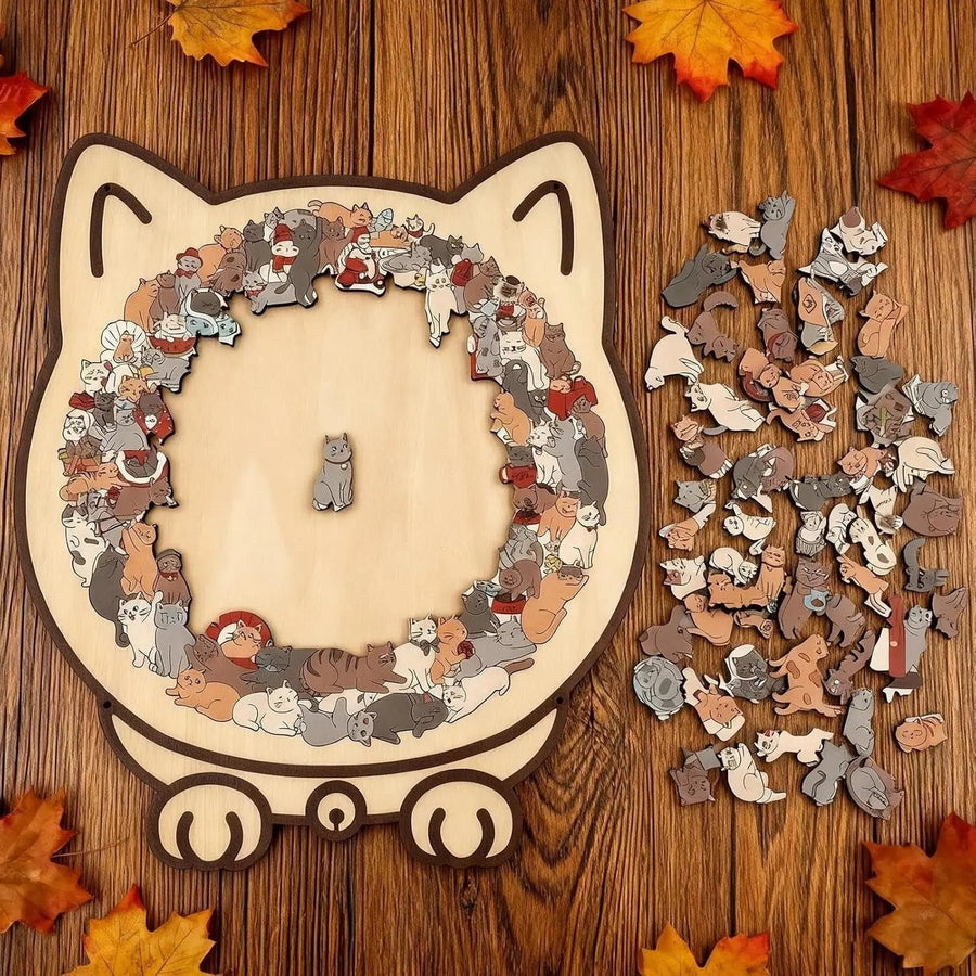 A wooden cat puzzle from CatCraft™ by Arenzza, featuring 135 pieces with artistic, calming design in a set for cat lovers.