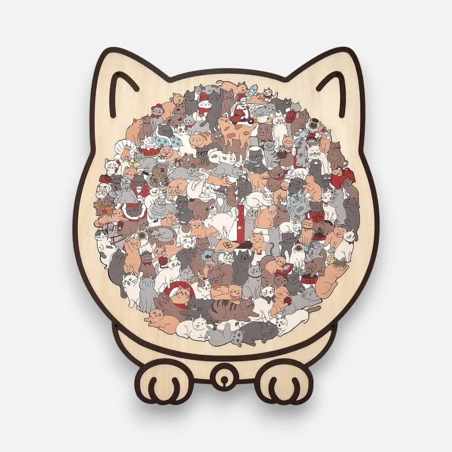 A wooden cat puzzle by Arenzza, featuring 135 pieces, showcasing intricate craftsmanship and artistic design in a peaceful style.