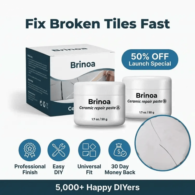 Arenzza ceramic tile repair paste applied to cracked bathroom tiles, showing a smooth, restored surface for instant tile restoration.