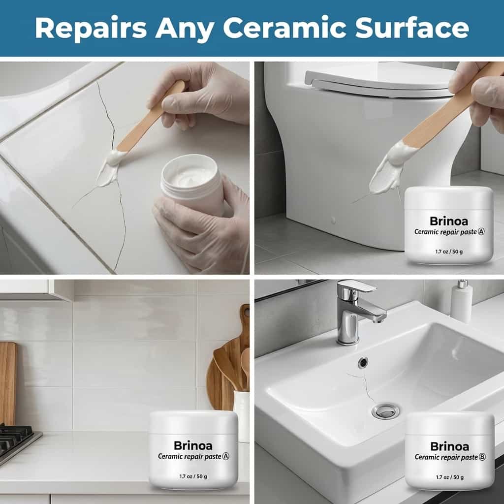 Arenzza ceramic tile repair paste in a multi-panel grid, showing application process on cracked tiles for instant restoration.