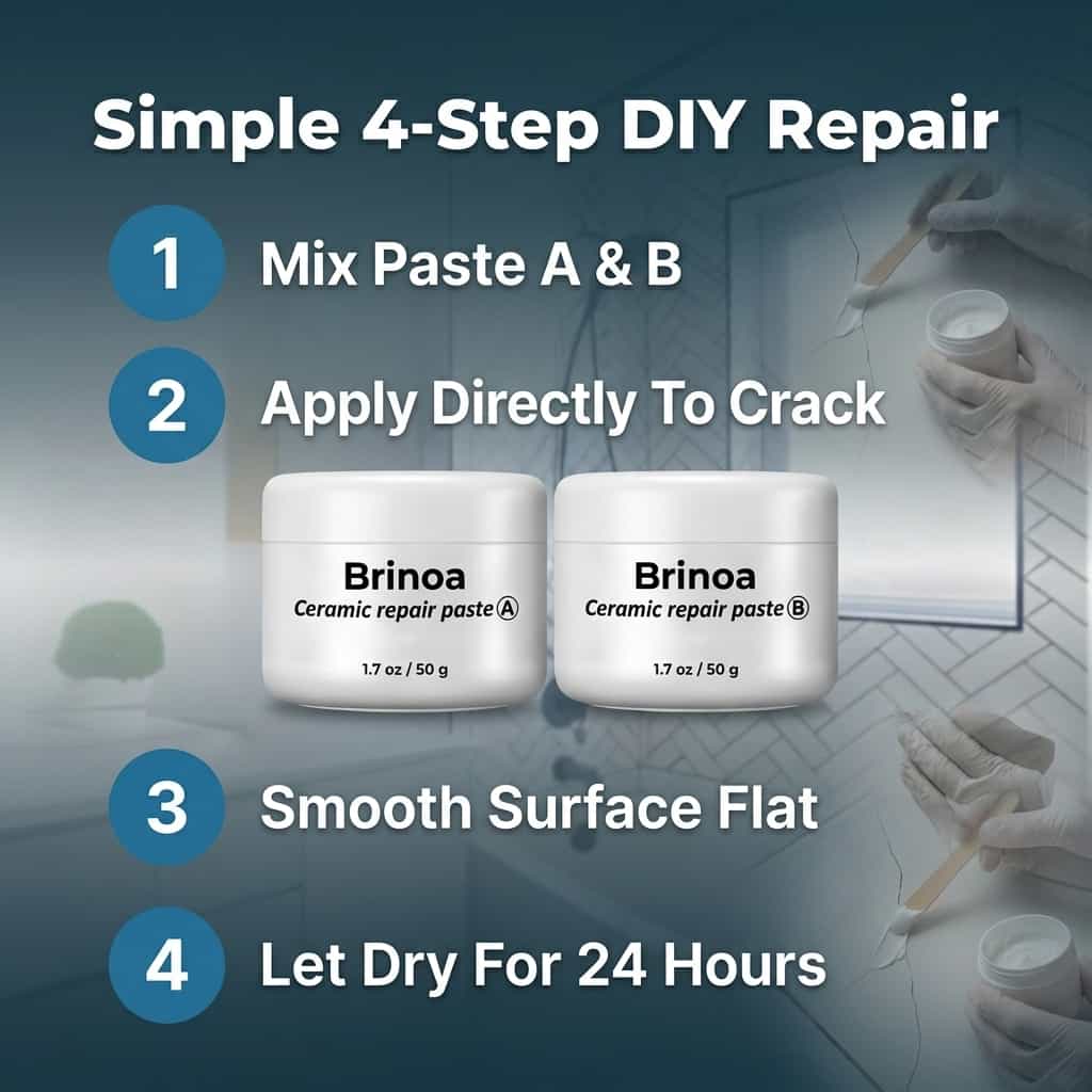Arenzza ceramic tile repair paste demonstrating four steps to restore cracked tiles with a spatula and repaired tile surface.