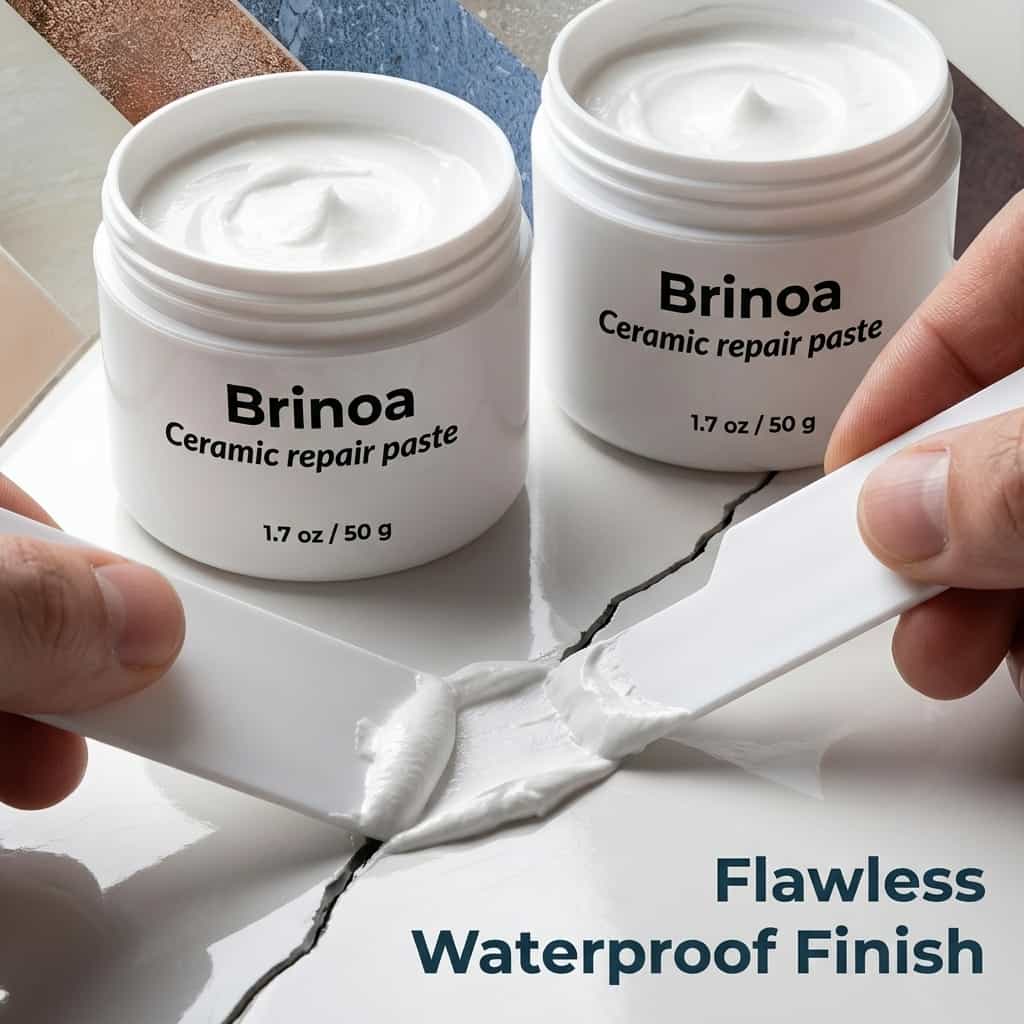 Close-up of Arenzza Ceramic Tile Repair Paste applied to cracked tile surface for instant restoration.
