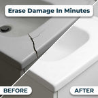 Arenzza ceramic tile repair paste shown in before and after images restoring cracked tiles with a smooth, seamless finish.