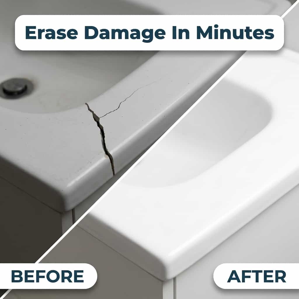 Arenzza ceramic tile repair paste shown in before and after images restoring cracked tiles with a smooth, seamless finish.