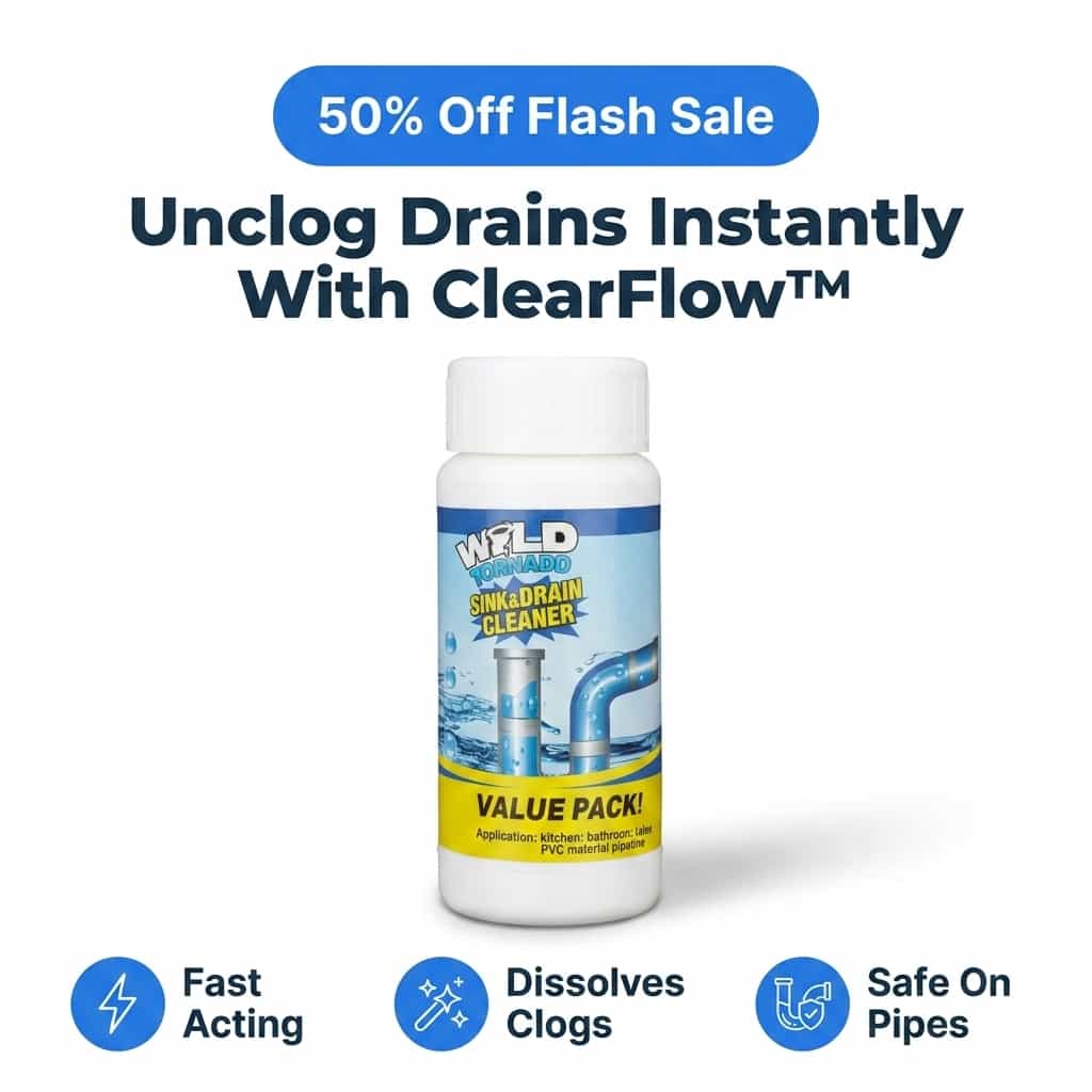 Arenzza ClearFlow™ fast-acting drain cleaner bottle with clear liquid and a label, designed for kitchen or bathroom drain unclogging.