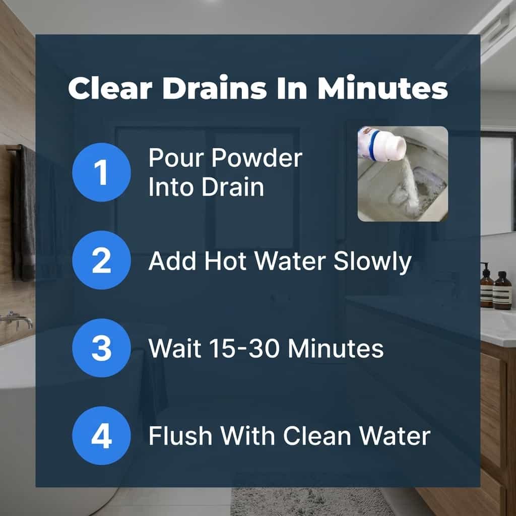 Arenzza ClearFlow™ fast-acting drain cleaner in a bottle with three numbered steps for effective clog removal.