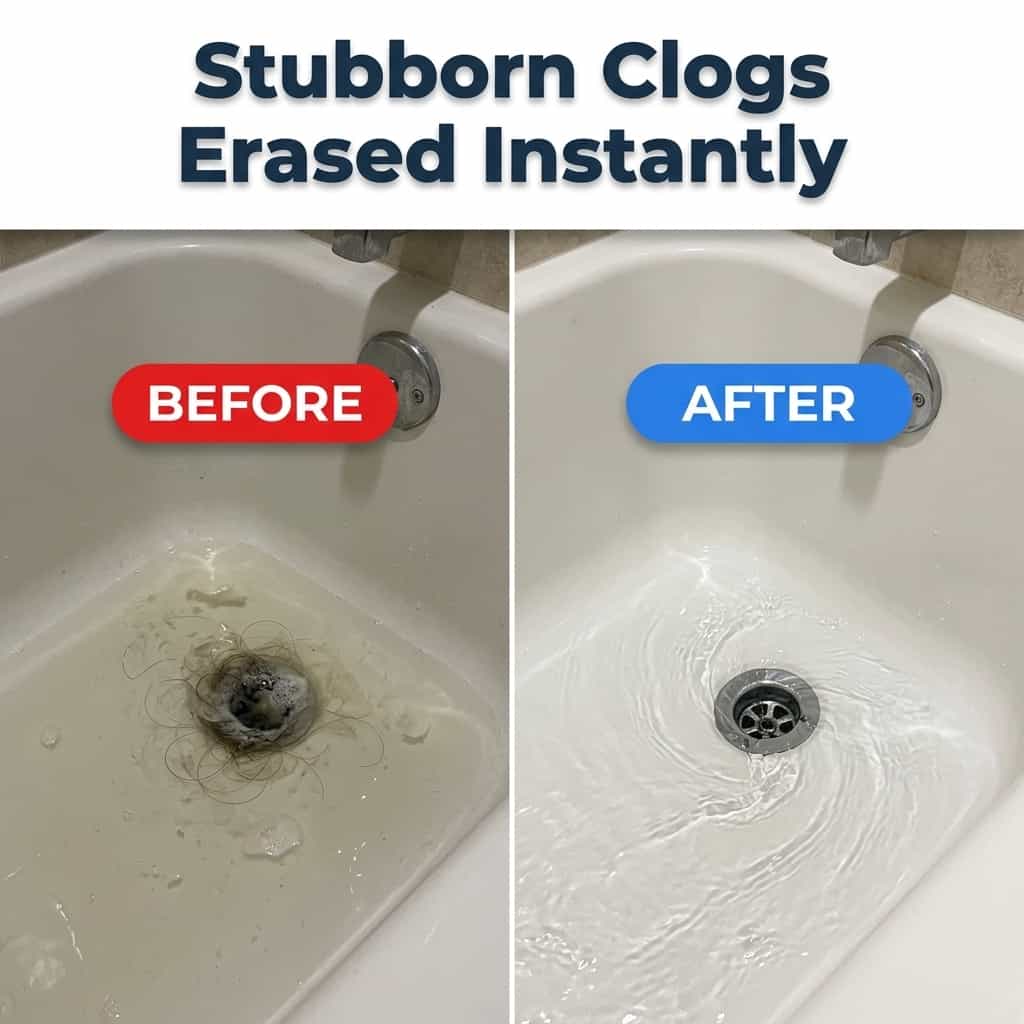 Split image showing before and after results of Arenzza ClearFlow™ fast-acting drain cleaner clearing clogged pipes.