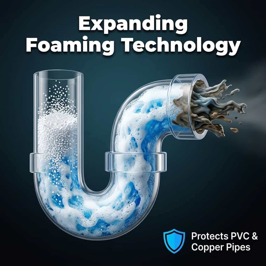 Arenzza ClearFlow™ fast-acting drain cleaner in a clear bottle with a white cap, highlighting its effectiveness for clogged drains.