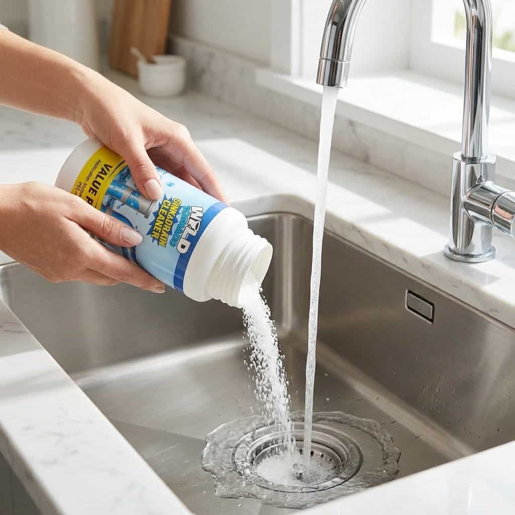 A person using a bottle of Arenzza ClearFlow™ fast-acting drain cleaner in a home kitchen sink.