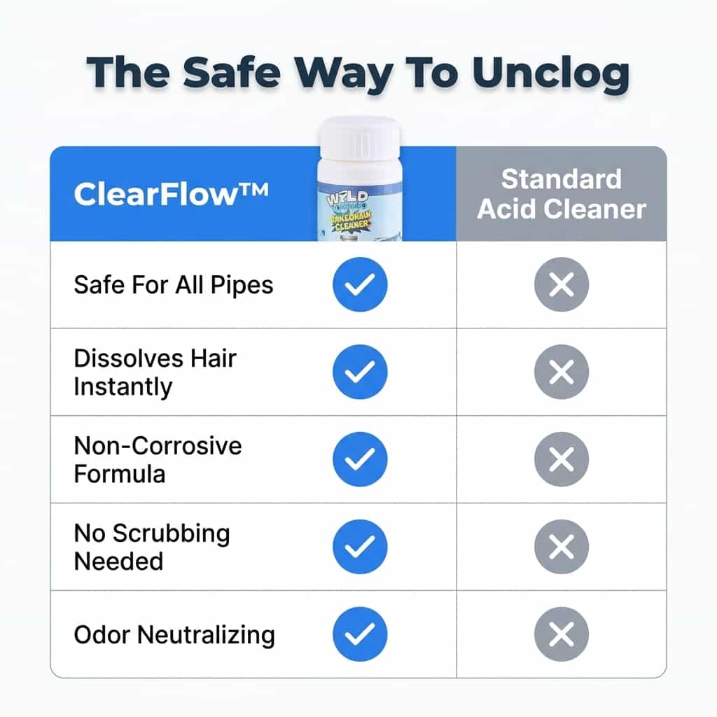 Comparison table showing Arenzza ClearFlow™ fast-acting drain cleaner effectiveness and features.