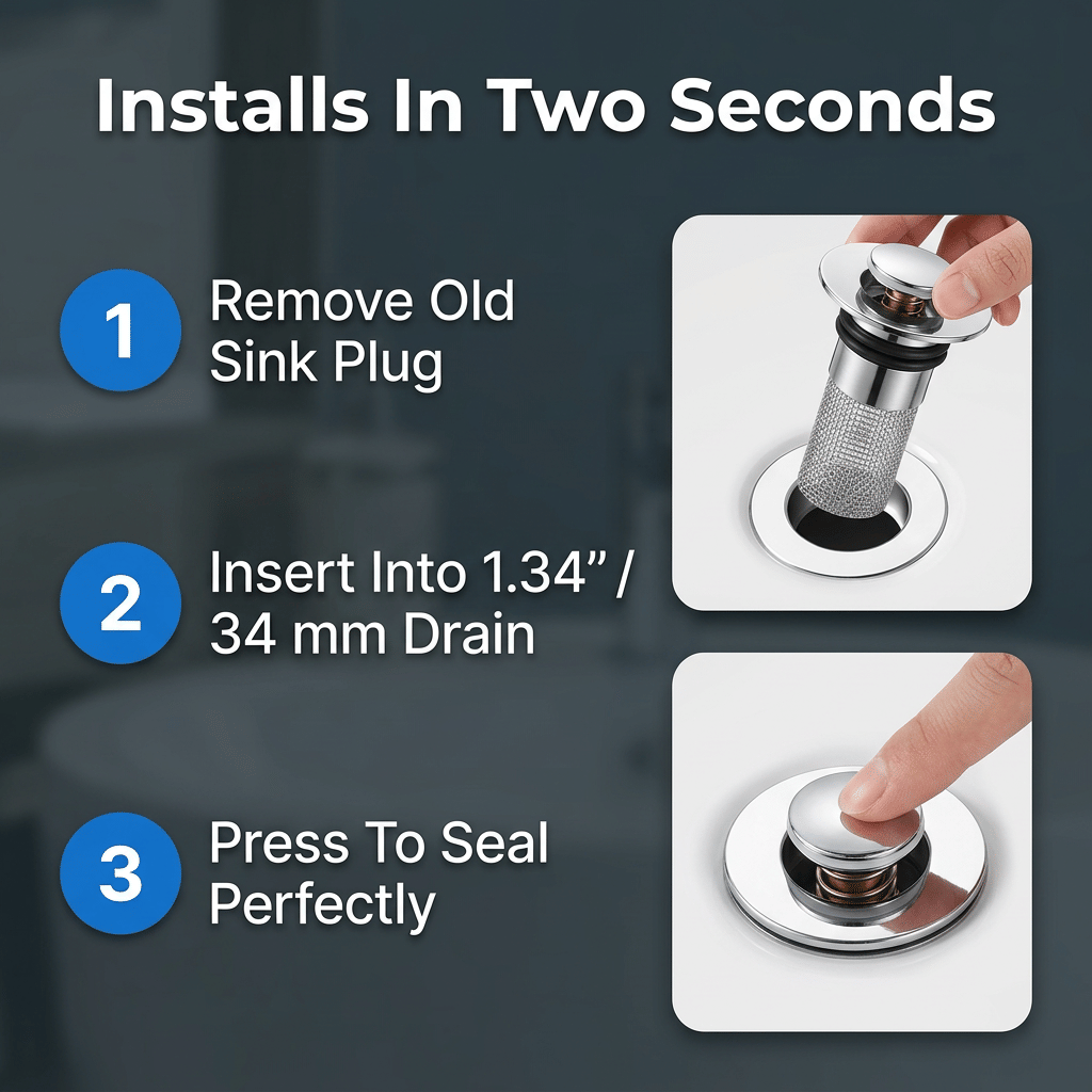 Aarenza ClearSink™ drain protection system with five numbered steps illustrated for preventing clogs and safeguarding valuables.