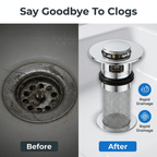 Arenzza ClearSink™ drain protector preventing clogs, shown in a split image with before and after views of a sink drain.