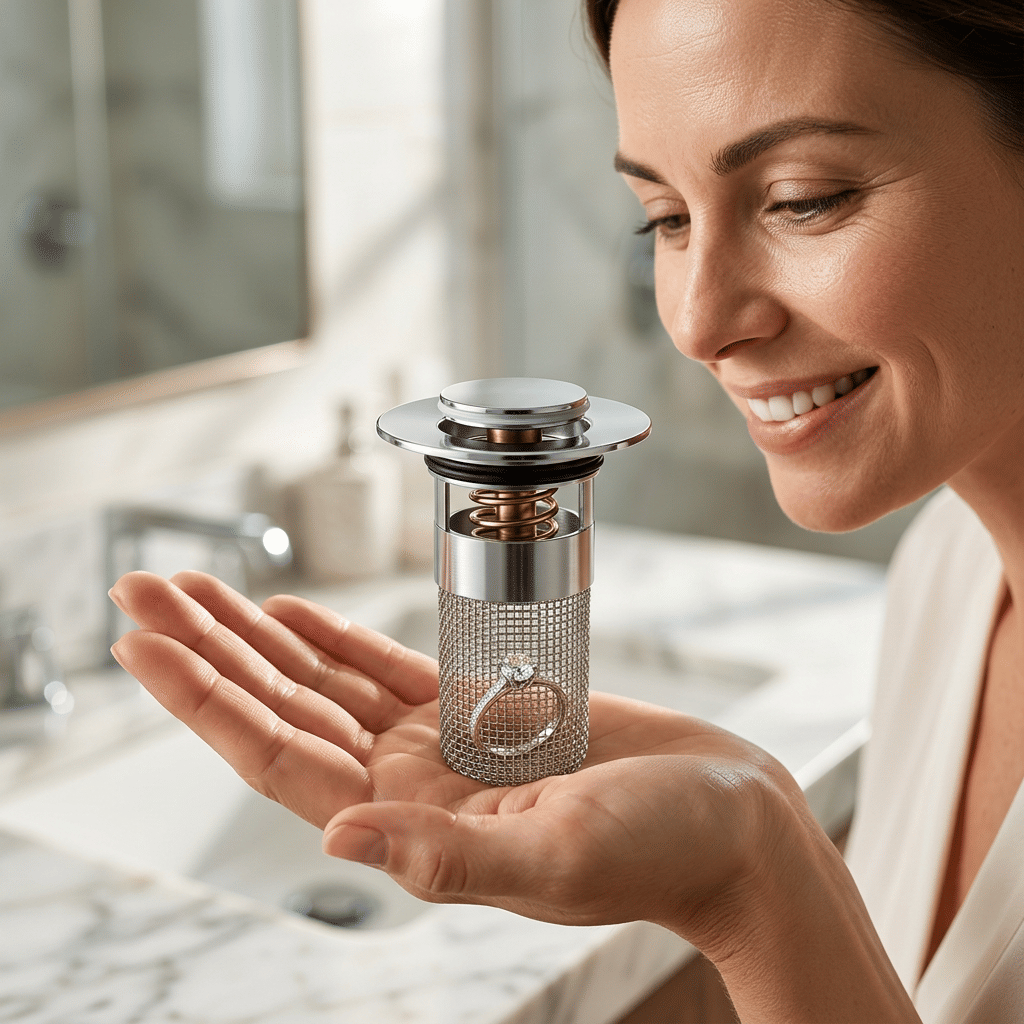 A person using the ClearSink™ drain protector from Arenzza to prevent clogs while protecting valuables in a modern kitchen sink.