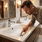 A woman using a kitchen sink with ClearSink™ drain protector by Arenzza to prevent clogs and safeguard valuables.