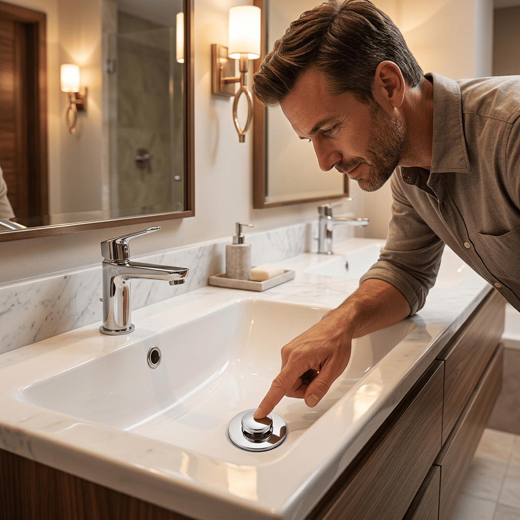 A woman using a kitchen sink with ClearSink™ drain protector by Arenzza to prevent clogs and safeguard valuables.