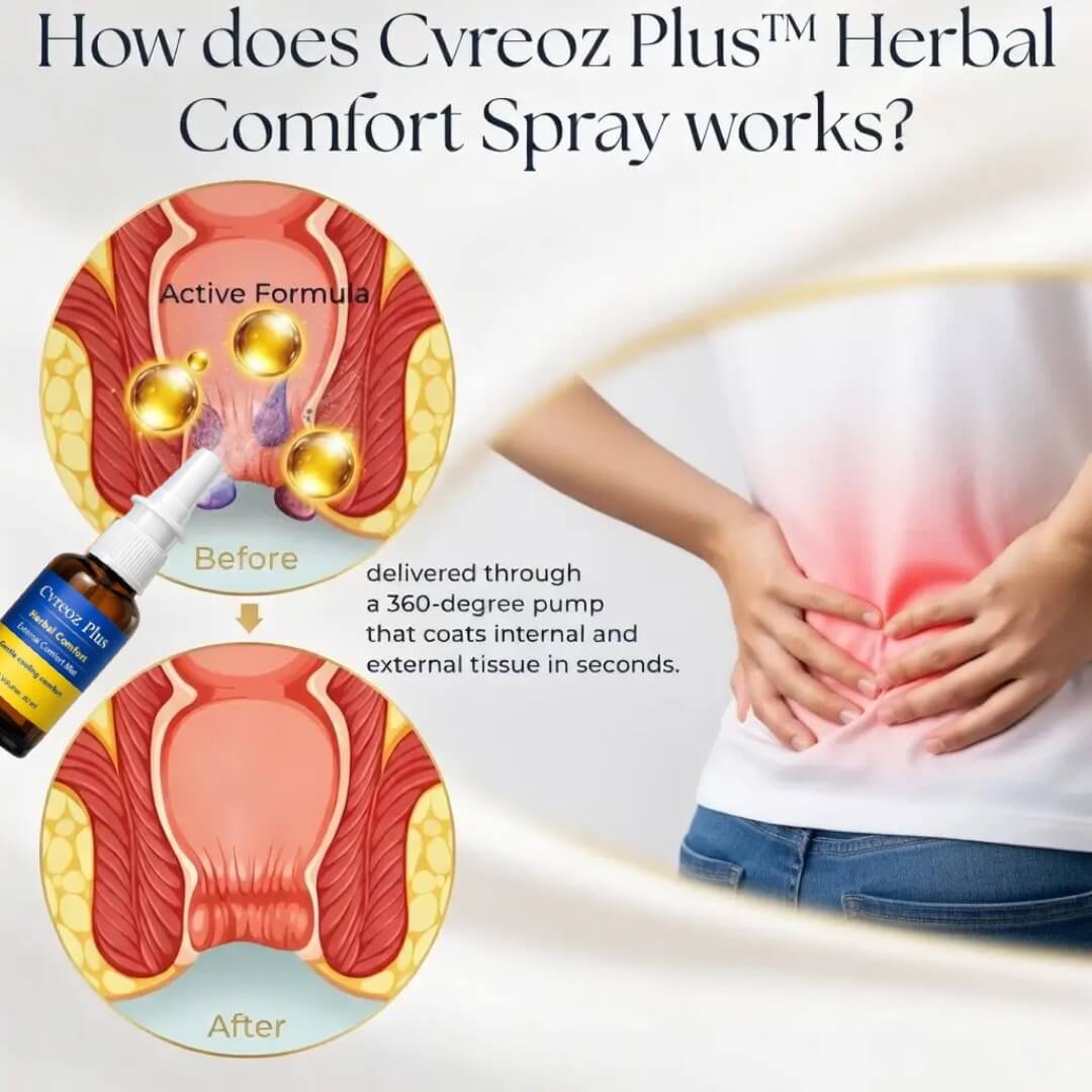 A bottle of Arenzza Cvreoz Plus™ Herbal Comfort Spray with a white label and spray nozzle, set against a neutral background.