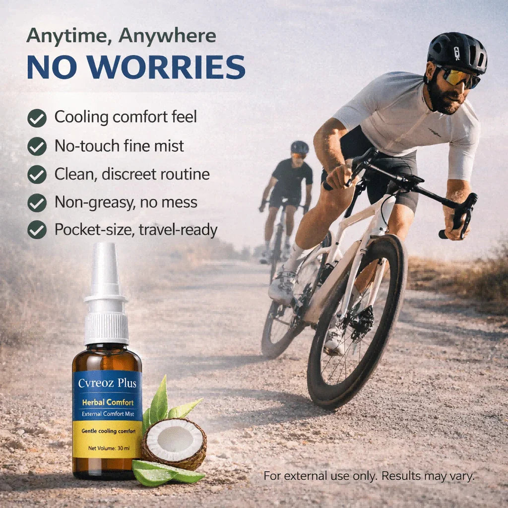 A close-up of Arenzza Cvreoz Plus™ Herbal Comfort Spray bottle with herbal ingredients visible on the label.