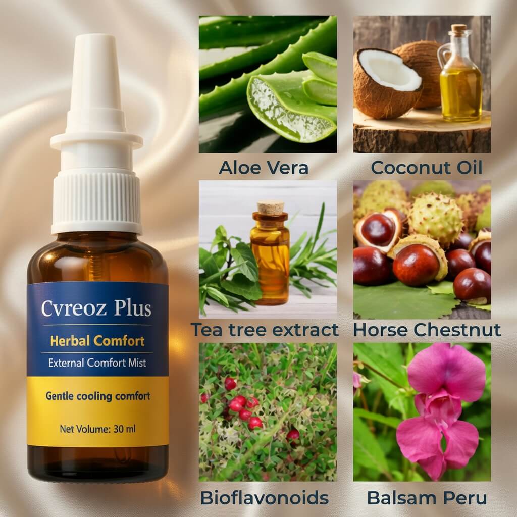 Arenzza Cvreoz Plus™ Herbal Comfort Spray bottle with herbal ingredients, shown on a neutral background.