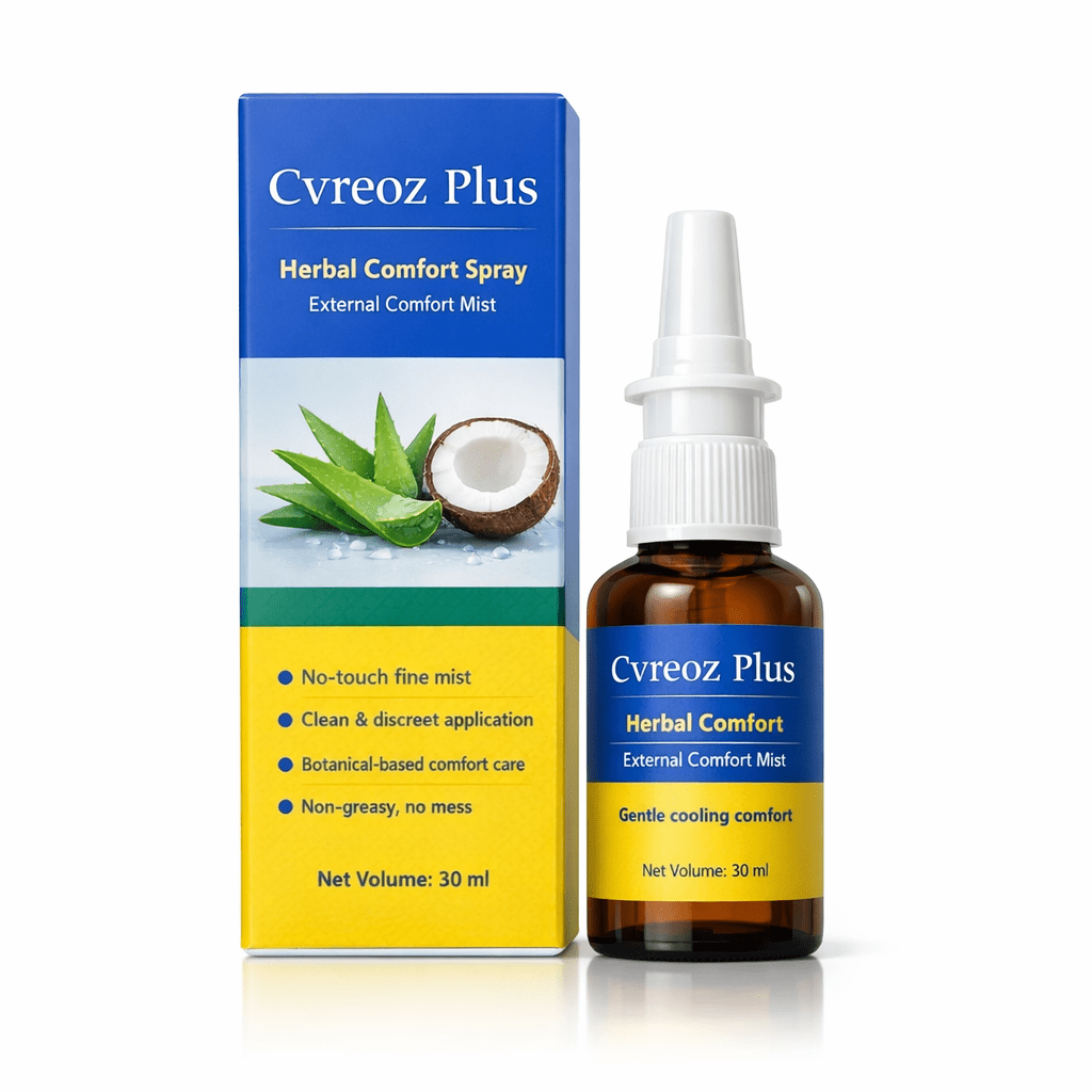 Arenzza Cvreoz Plus™ Herbal Comfort Spray bottle with herbal ingredients, clean label, and spray nozzle for soothing relief.