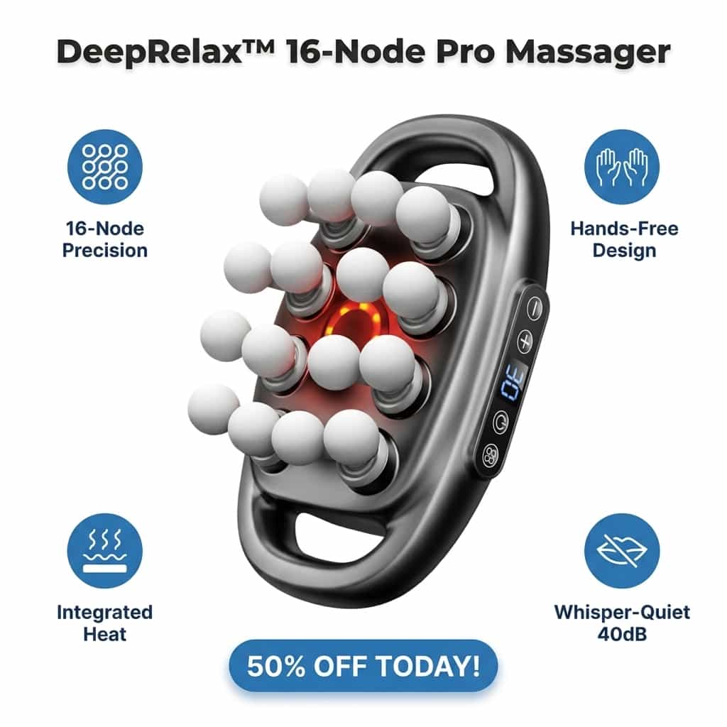 Aarenza DeepRelax™ deep tissue massager with heat, handheld device with ergonomic design for muscle relief and relaxation.
