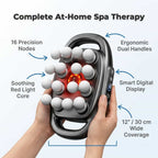 Arenzza DeepRelax™ deep tissue massager with heat, showing four benefit callouts on a sleek device for muscle relief and relaxation.