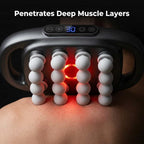Arenzza DeepRelax™ deep tissue massager with heat, showcasing its ergonomic design and multiple massage head options for targeted relief.