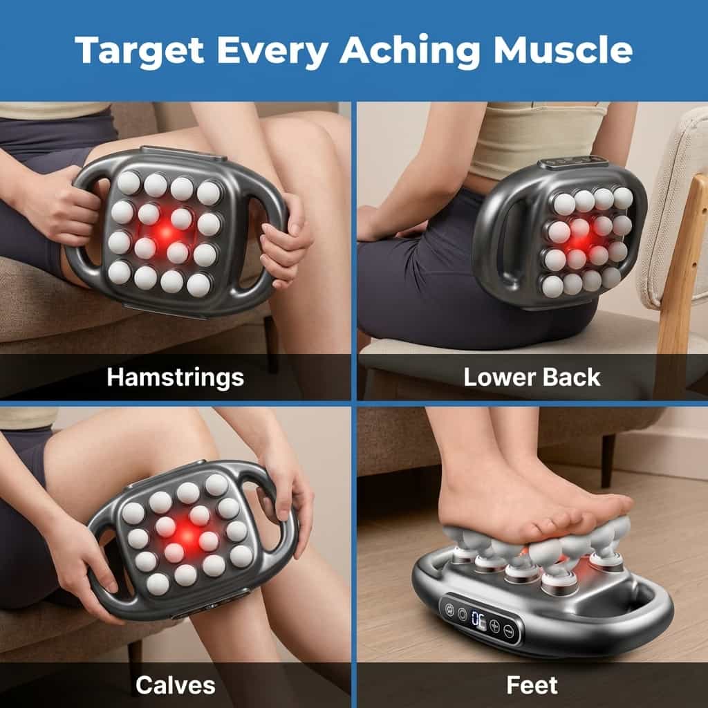 Arenzza DeepRelax™ deep tissue massager with heat, showing multi-panel design with textured massage heads for muscle relief.