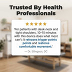Aarenza DeepRelax™ deep tissue massager with heat, shown on a testimonial card, highlighting its ergonomic design and features.