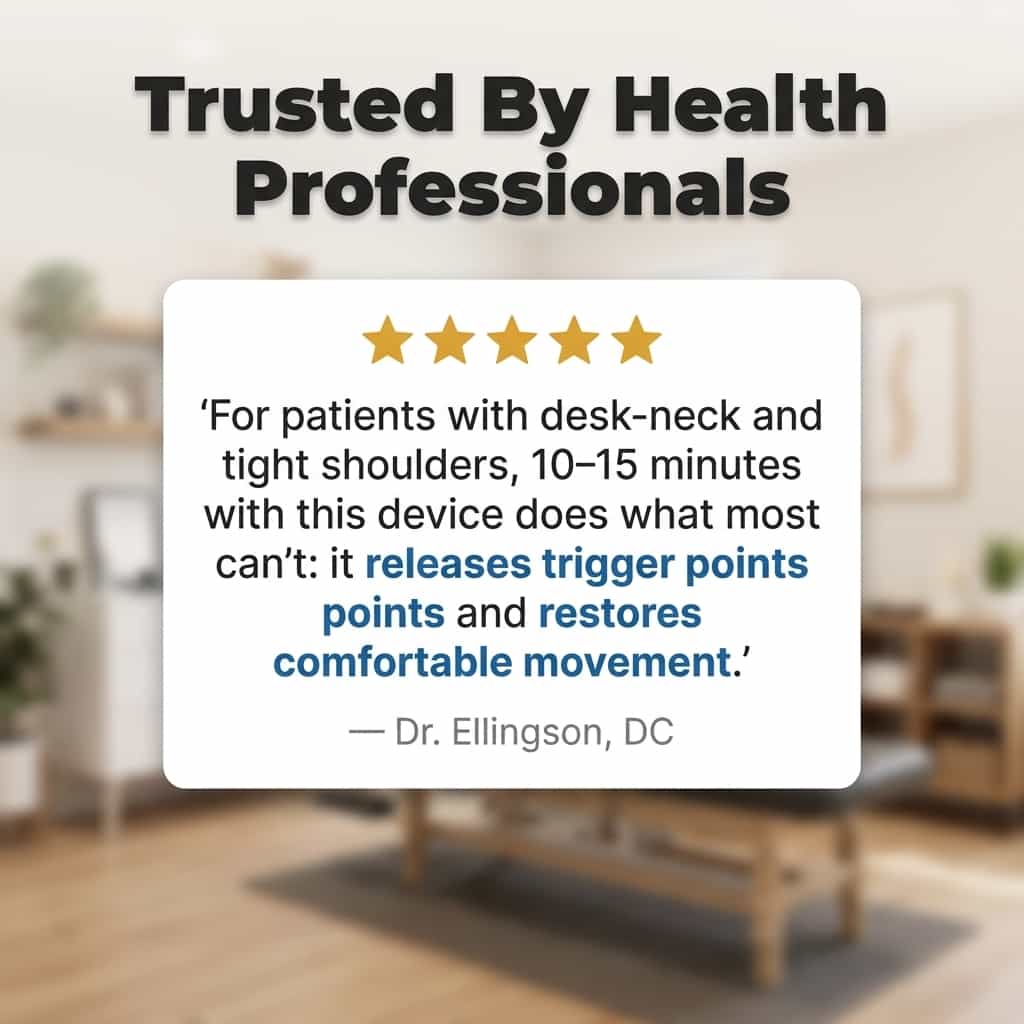 Aarenza DeepRelax™ deep tissue massager with heat, shown on a testimonial card, highlighting its ergonomic design and features.