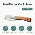 Aarenza DualPeel™ stainless steel kitchen peeler with high durability and a built-in bottle opener for clean, precise vegetable peeling.