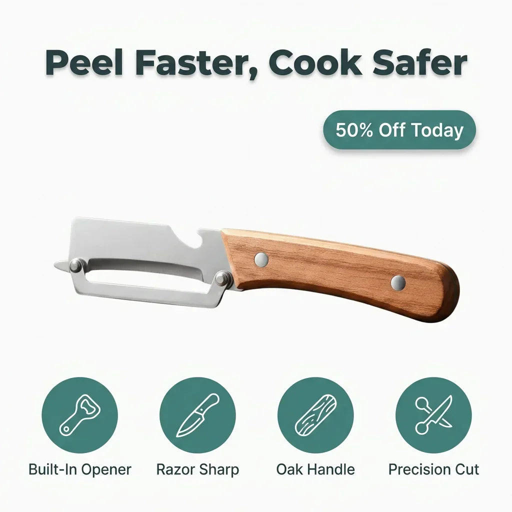 Aarenza DualPeel™ stainless steel kitchen peeler with high durability and a built-in bottle opener for clean, precise vegetable peeling.
