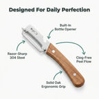 Aarenzza DualPeel™ stainless steel kitchen peeler with high durability, precision peeling, and a built-in bottle opener.