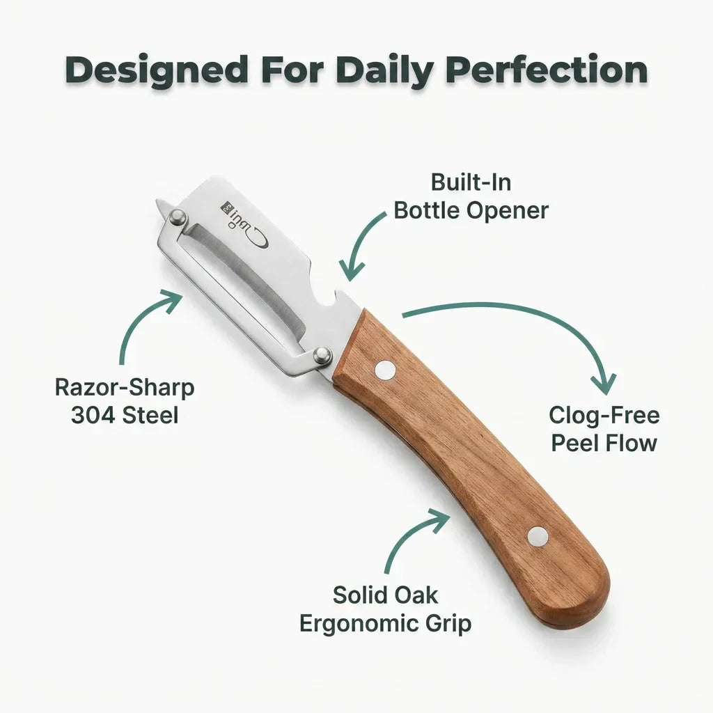 Aarenzza DualPeel™ stainless steel kitchen peeler with high durability, precision peeling, and a built-in bottle opener.