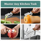 Arenzza DualPeel™ stainless steel kitchen peeler with high durability, designed for precise vegetable peeling and bottle opening.
