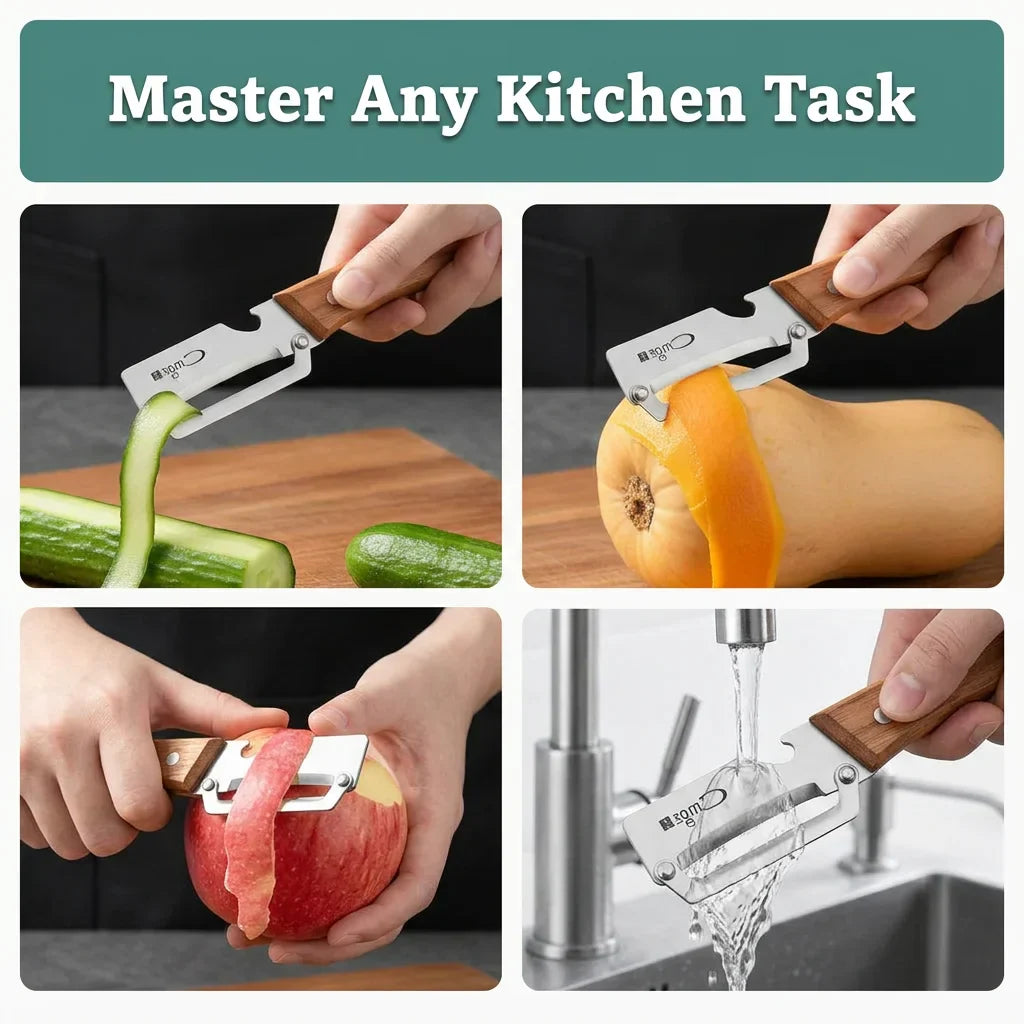Arenzza DualPeel™ stainless steel kitchen peeler with high durability, designed for precise vegetable peeling and bottle opening.