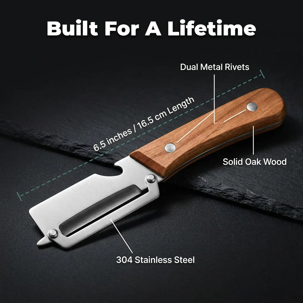 Aarenzza DualPeel™ stainless steel kitchen peeler with high durability, designed for precise peeling and bottle opener functionality.