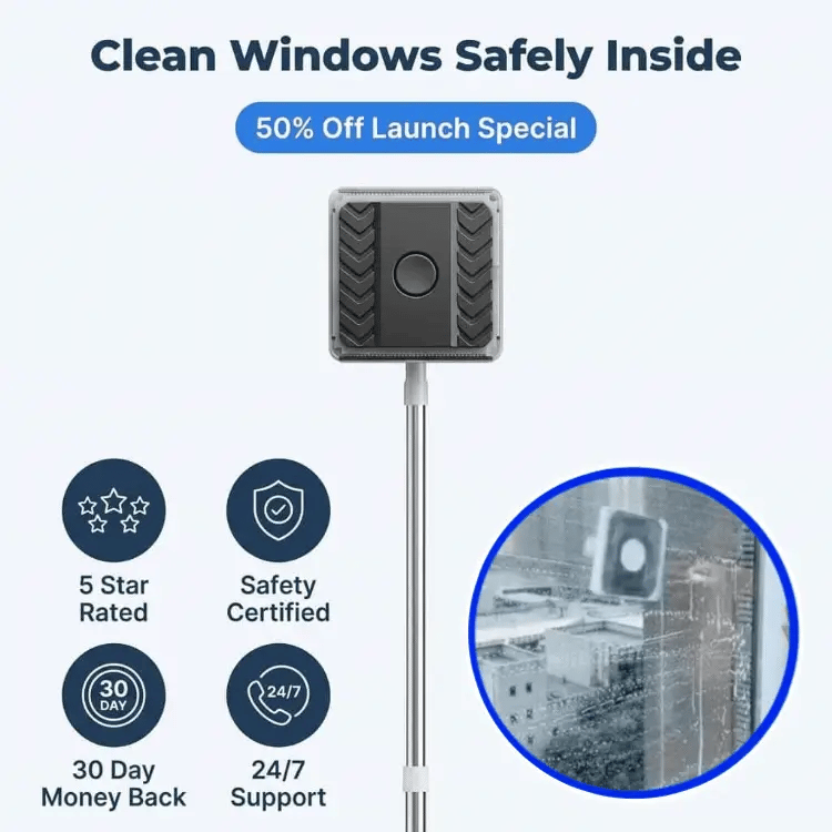 Aarenza DualWipe™ extendable exterior glass cleaner with a long handle and cleaning head for outdoor windows and glass surfaces.
