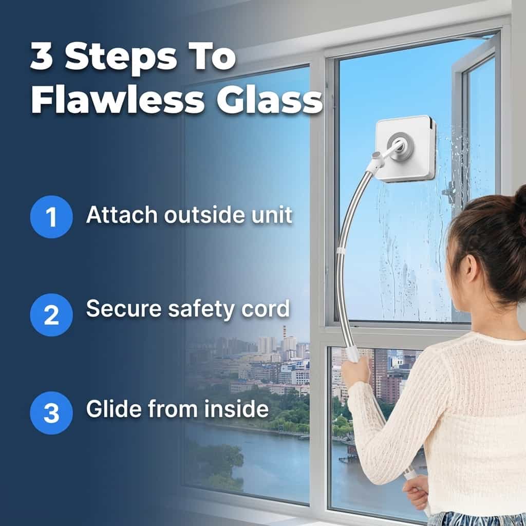 Arenzza DualWipe™ extendable exterior glass cleaner with three-step illustration showing how to use the handheld tool on windows.