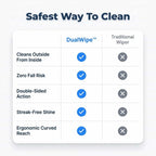 Aarenza DualWipe™ extendable exterior glass cleaner with comparison table showing different cleaning features and sizes.
