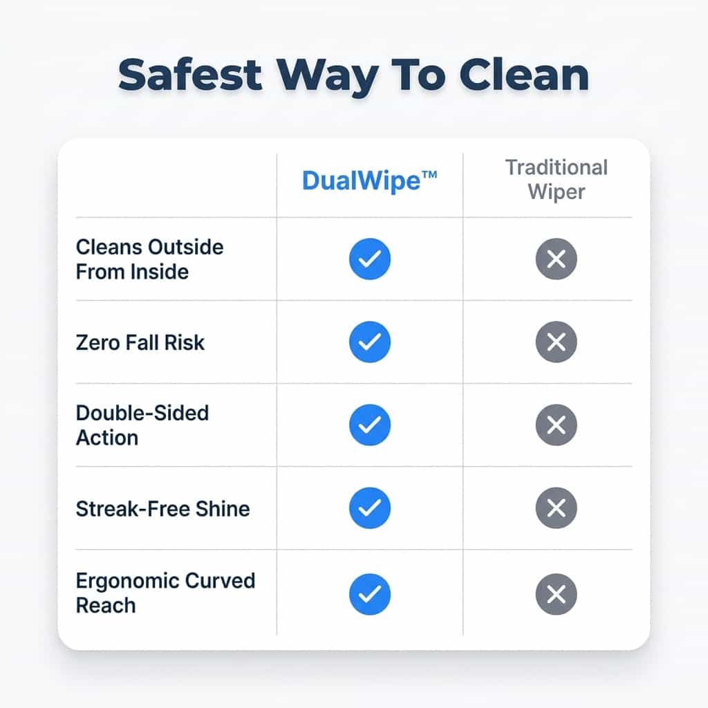 Aarenza DualWipe™ extendable exterior glass cleaner with comparison table showing different cleaning features and sizes.