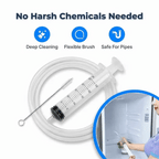 Arenzza EasyDrain™ flexible brush and spray for cleaning and unclogging pipes, shown in use to clear pipe blockages.