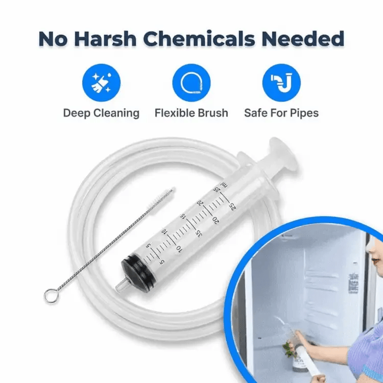 Arenzza EasyDrain™ flexible brush and spray for cleaning and unclogging pipes, shown in use to clear pipe blockages.