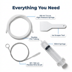 Arenzza EasyDrain™ flexible brush and spray bundle for cleaning and clearing clogged pipes, shown in three included items.