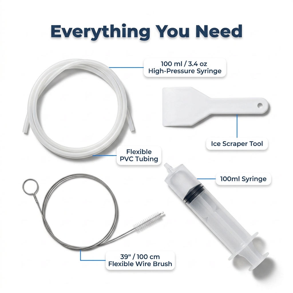Arenzza EasyDrain™ flexible brush and spray bundle for cleaning and clearing clogged pipes, shown in three included items.