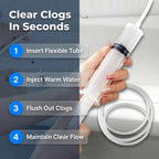 Arenzza EasyDrain™ flexible brush and spray for clearing clogs in pipes, shown in a step-by-step guide for use.