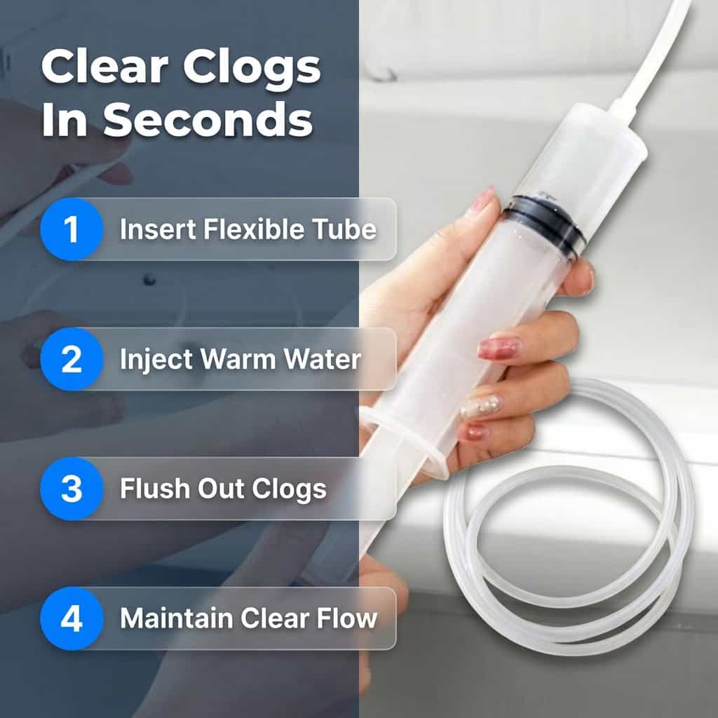 Arenzza EasyDrain™ flexible brush and spray for clearing clogs in pipes, shown in a step-by-step guide for use.