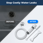 Arenzza EasyDrain™ flexible brush and spray tool for clearing clogged pipes, shown in a before and after split image.