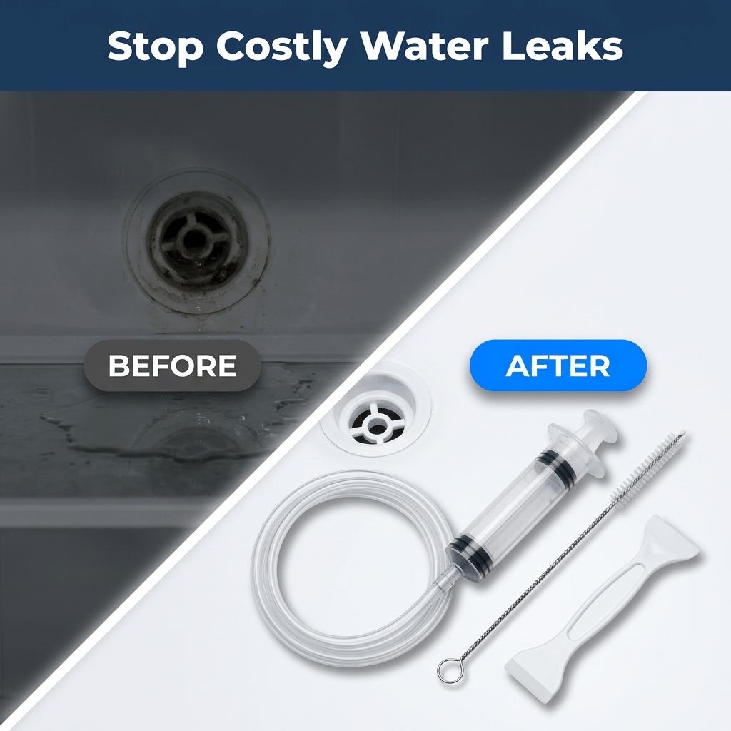 Arenzza EasyDrain™ flexible brush and spray tool for clearing clogged pipes, shown in a before and after split image.